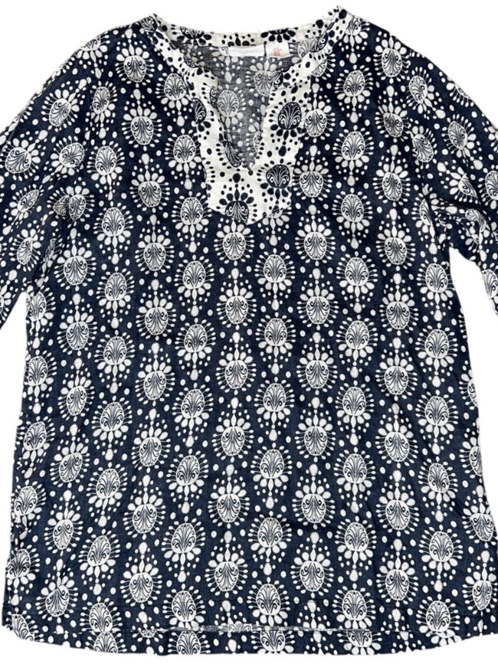 Sigrid Olsen 100% Linen Top Womens Medium Navy White V Neck Coastal Casual Chic